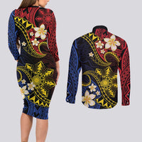 Philippines Spirit Tribal Sun Plumeria Couples Matching Long Sleeve Bodycon Dress and Long Sleeve Button Shirt Red And Blue Polynesian Pattern