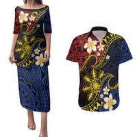 Philippines Spirit Tribal Sun Plumeria Couples Matching Puletasi and Hawaiian Shirt Red And Blue Polynesian Pattern