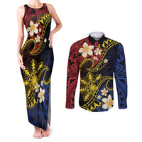 Philippines Spirit Tribal Sun Plumeria Couples Matching Tank Maxi Dress and Long Sleeve Button Shirt Red And Blue Polynesian Pattern