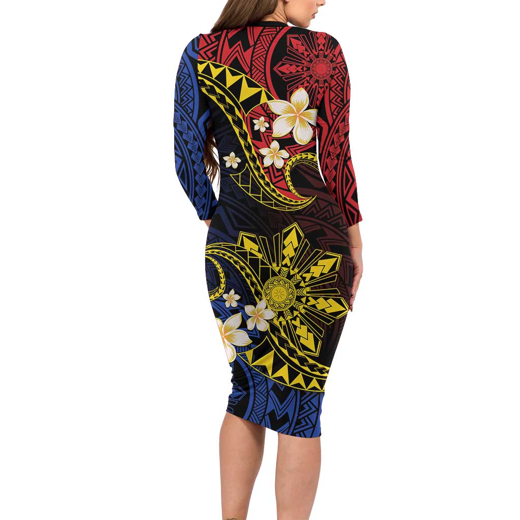 Philippines Spirit Tribal Sun Plumeria Family Matching Long Sleeve Bodycon Dress and Hawaiian Shirt Red And Blue Polynesian Pattern