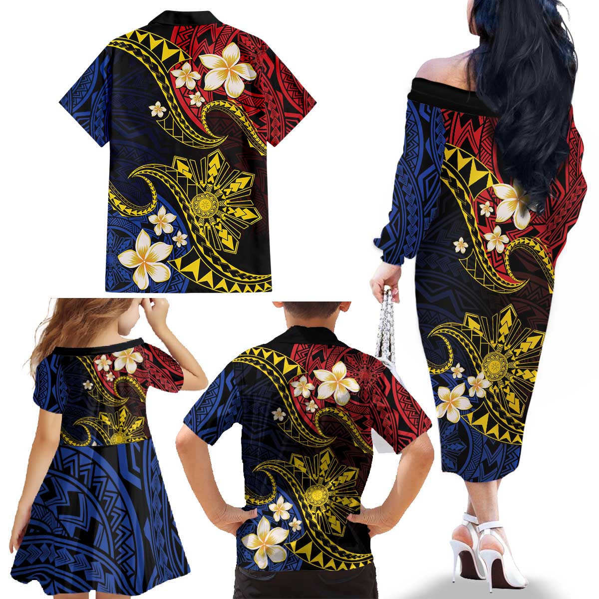 Philippines Spirit Tribal Sun Plumeria Family Matching Off The Shoulder Long Sleeve Dress and Hawaiian Shirt Red And Blue Polynesian Pattern
