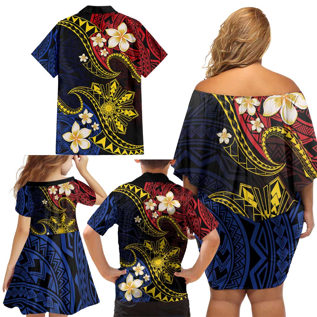 Philippines Spirit Tribal Sun Plumeria Family Matching Off Shoulder Short Dress and Hawaiian Shirt Red And Blue Polynesian Pattern
