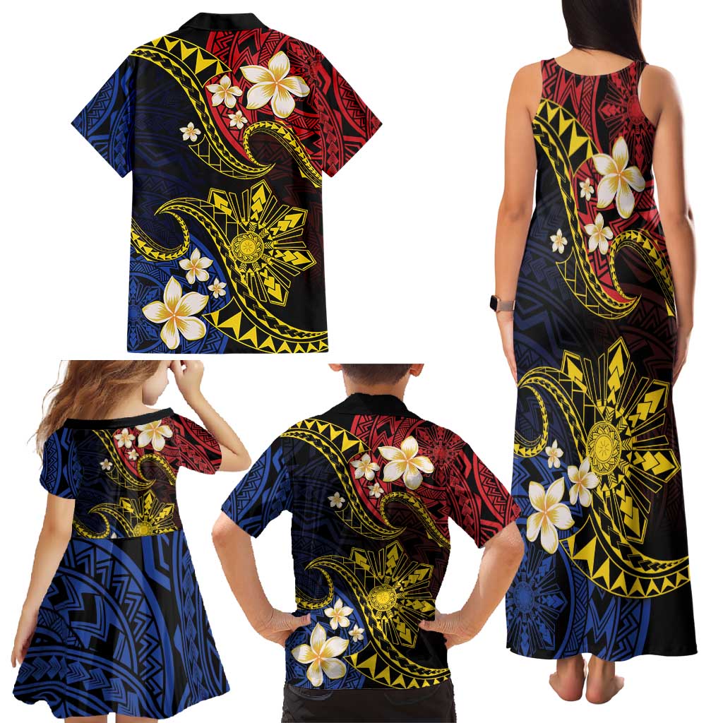Philippines Spirit Tribal Sun Plumeria Family Matching Tank Maxi Dress and Hawaiian Shirt Red And Blue Polynesian Pattern