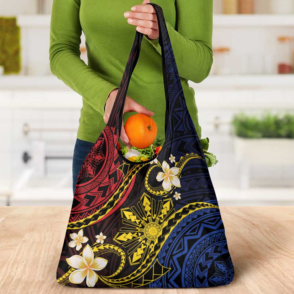 Philippines Spirit Tribal Sun Plumeria Grocery Bag Red And Blue Polynesian Pattern