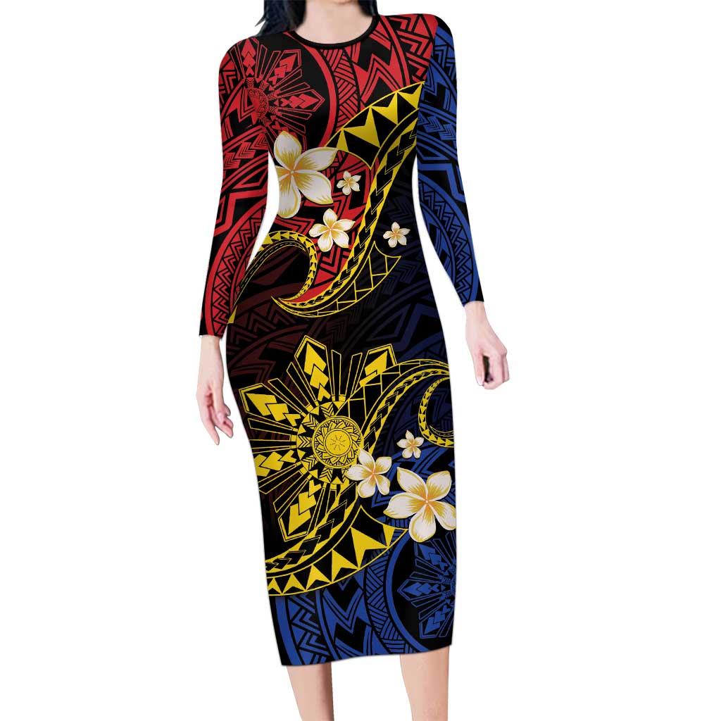 Philippines Spirit Tribal Sun Plumeria Long Sleeve Bodycon Dress Red And Blue Polynesian Pattern