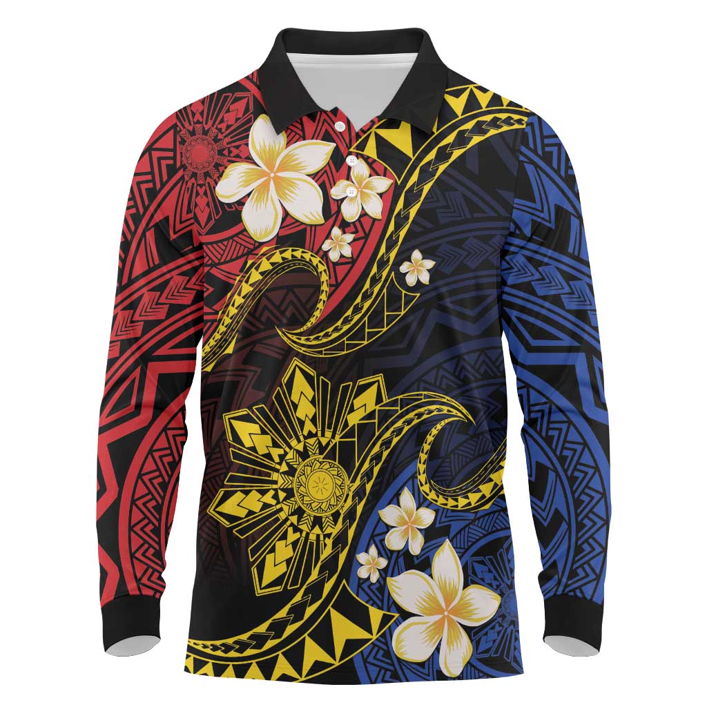 Philippines Spirit Tribal Sun Plumeria Long Sleeve Polo Shirt Red And Blue Polynesian Pattern