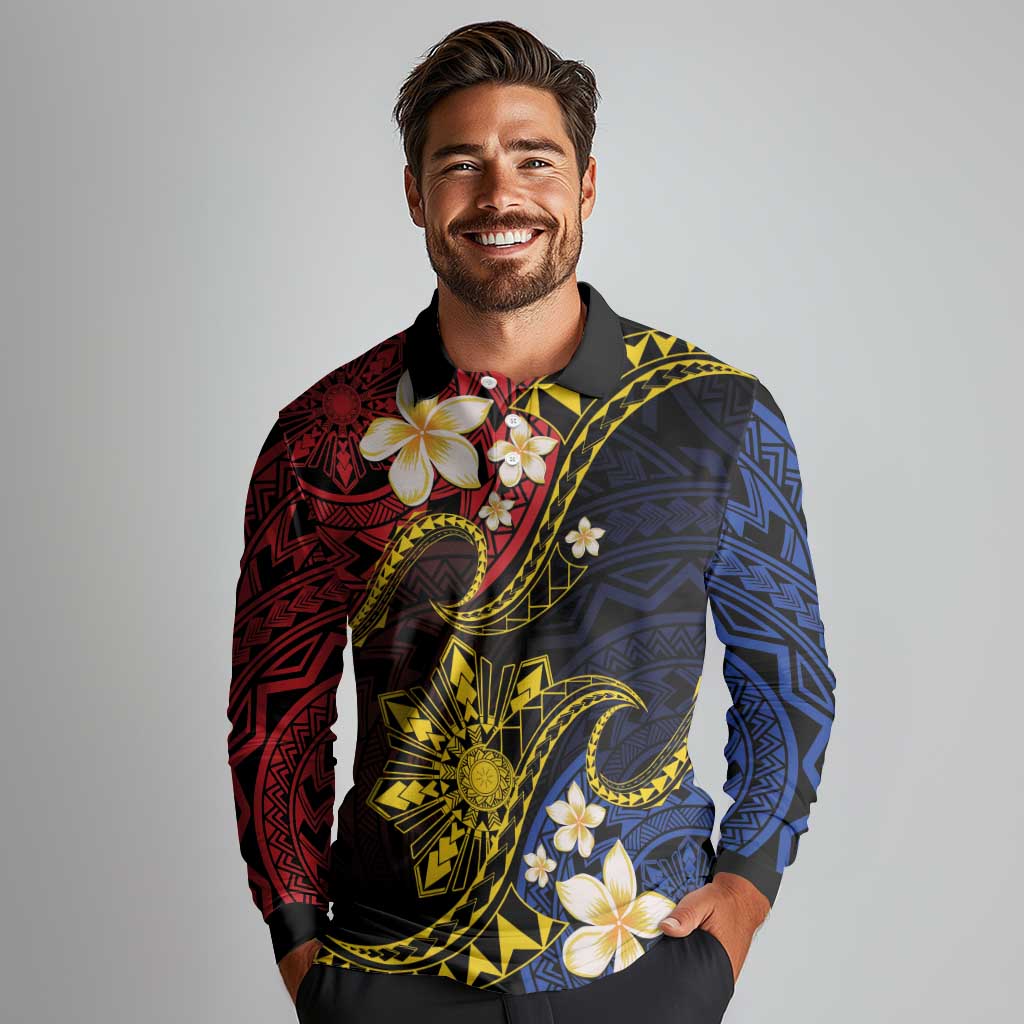 Philippines Spirit Tribal Sun Plumeria Long Sleeve Polo Shirt Red And Blue Polynesian Pattern