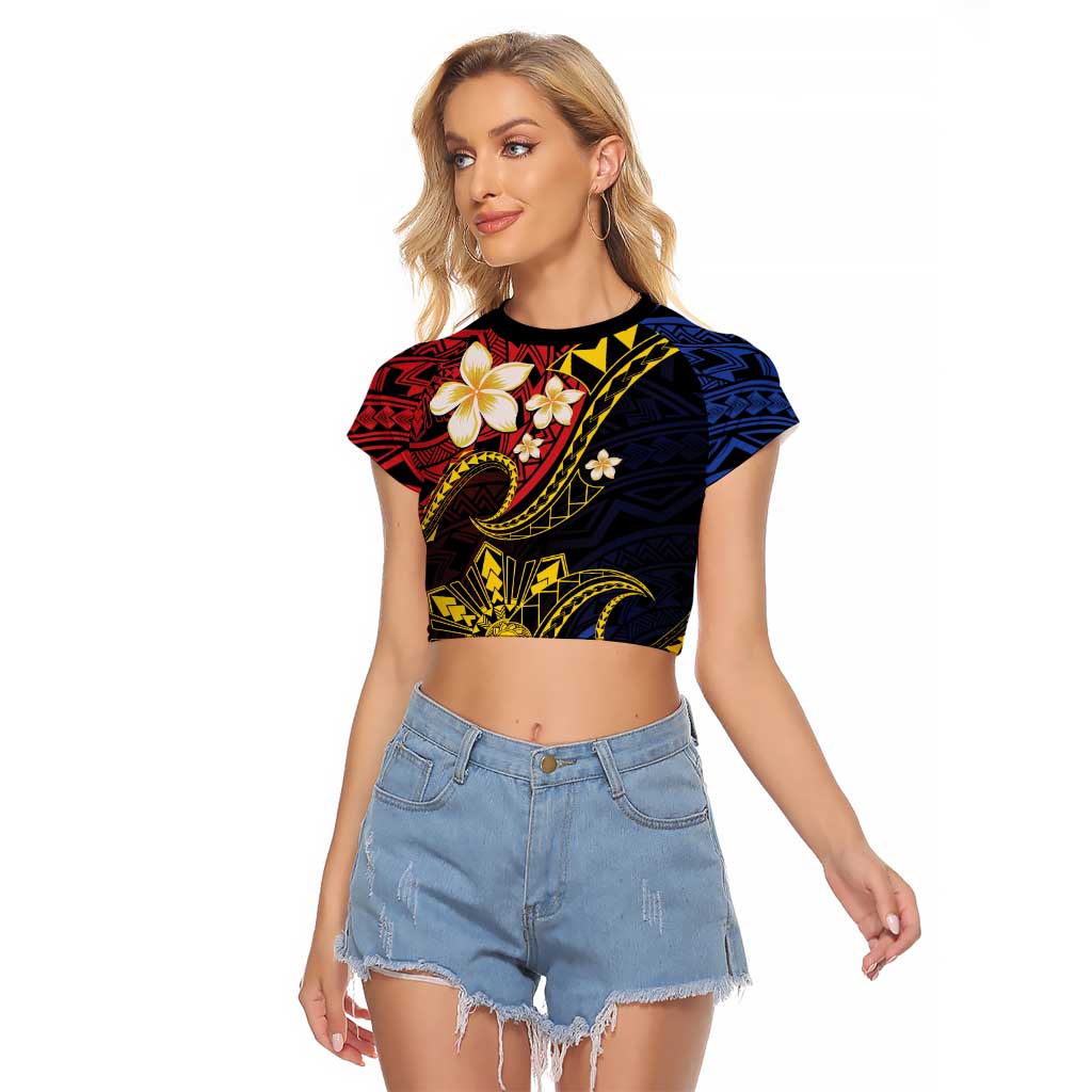 Philippines Spirit Tribal Sun Plumeria Raglan Cropped T Shirt Red And Blue Polynesian Pattern