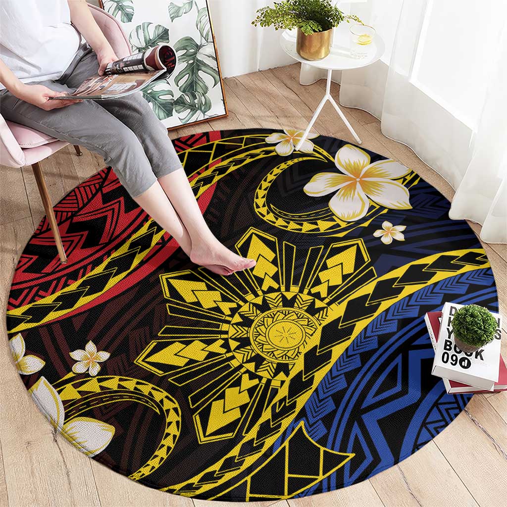 Philippines Spirit Tribal Sun Plumeria Round Carpet Red And Blue Polynesian Pattern