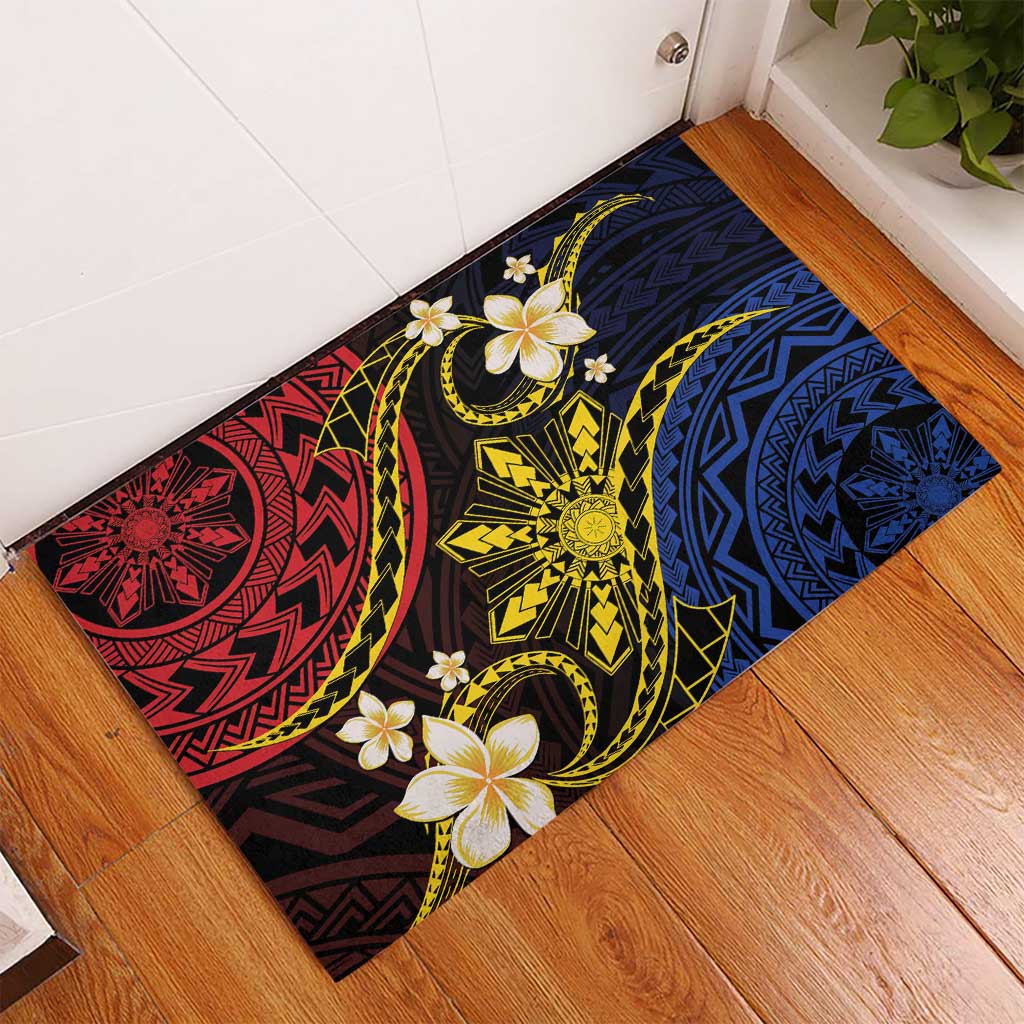 Philippines Spirit Tribal Sun Plumeria Rubber Doormat Red And Blue Polynesian Pattern