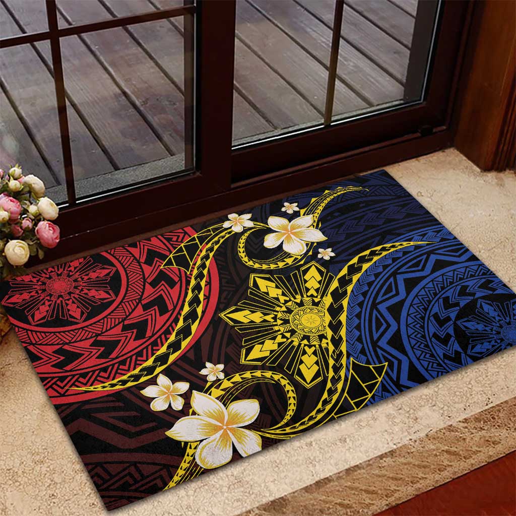 Philippines Spirit Tribal Sun Plumeria Rubber Doormat Red And Blue Polynesian Pattern