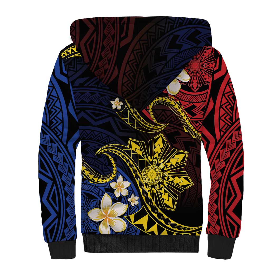 Philippines Spirit Tribal Sun Plumeria Sherpa Hoodie Red And Blue Polynesian Pattern