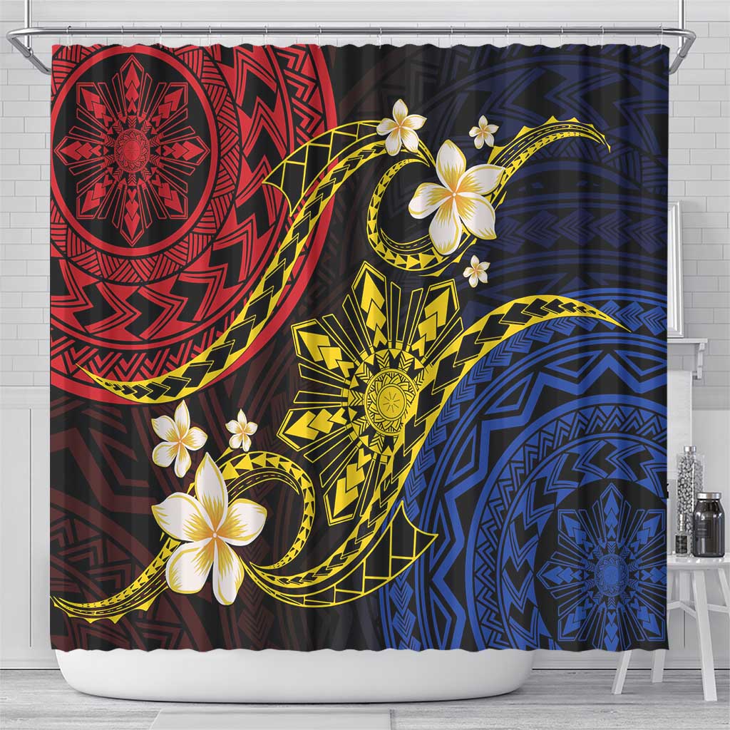 Philippines Spirit Tribal Sun Plumeria Shower Curtain Red And Blue Polynesian Pattern