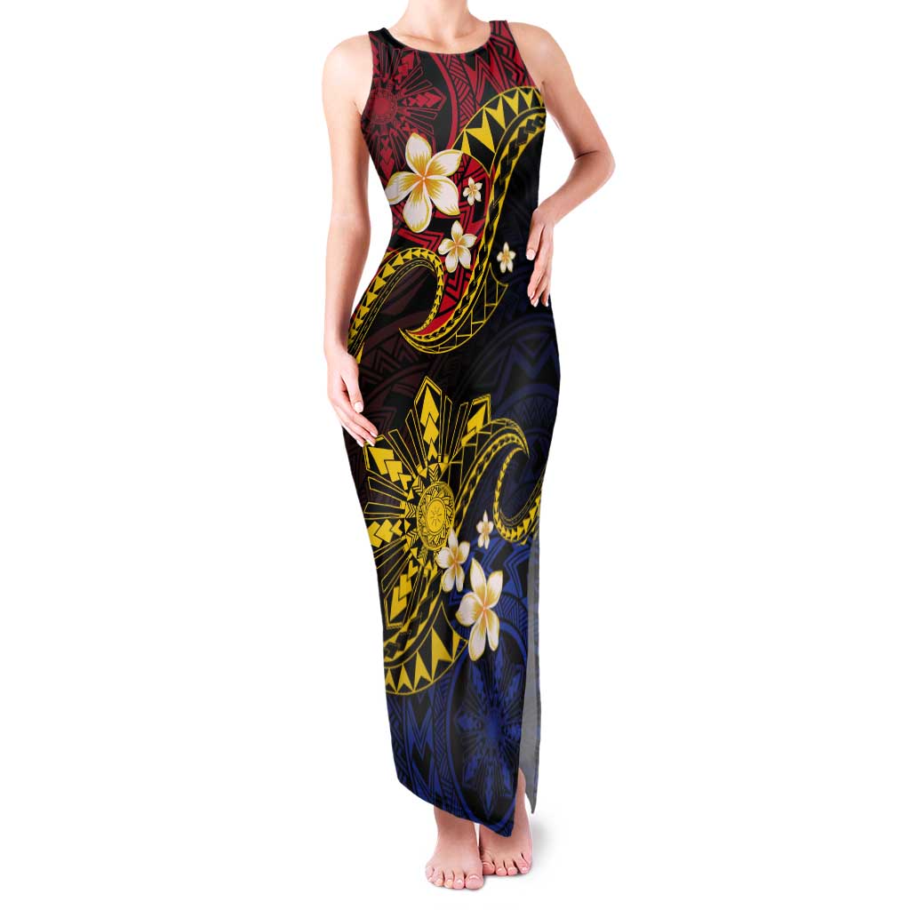 Philippines Spirit Tribal Sun Plumeria Tank Maxi Dress Red And Blue Polynesian Pattern