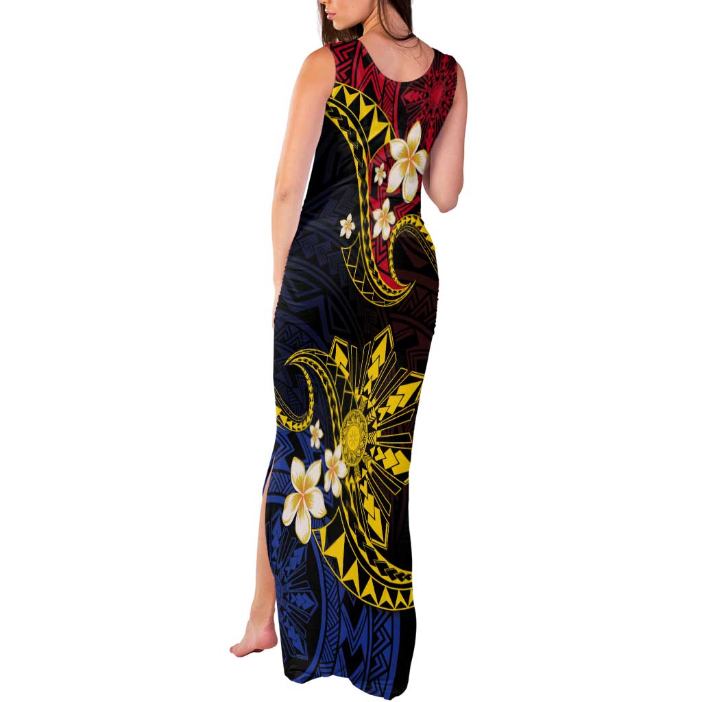 Philippines Spirit Tribal Sun Plumeria Tank Maxi Dress Red And Blue Polynesian Pattern