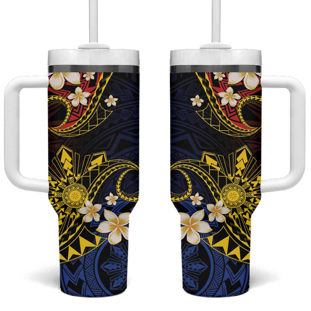 Philippines Spirit Tribal Sun Plumeria Tumbler With Handle Red And Blue Polynesian Pattern