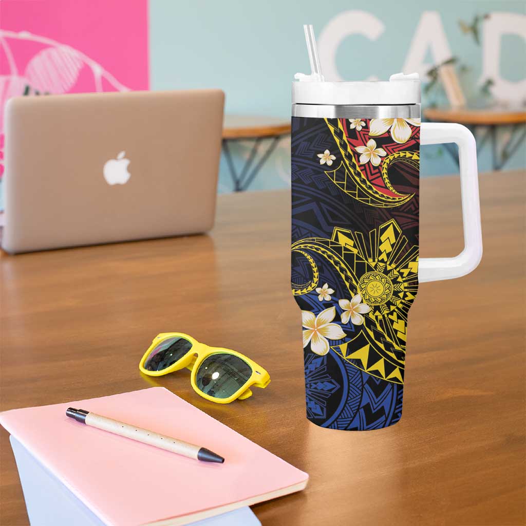 Philippines Spirit Tribal Sun Plumeria Tumbler With Handle Red And Blue Polynesian Pattern