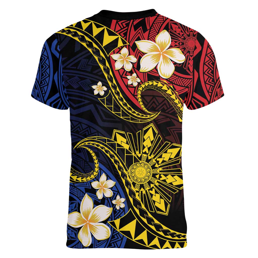 Philippines Spirit Tribal Sun Plumeria Women V-Neck T-Shirt Red And Blue Polynesian Pattern