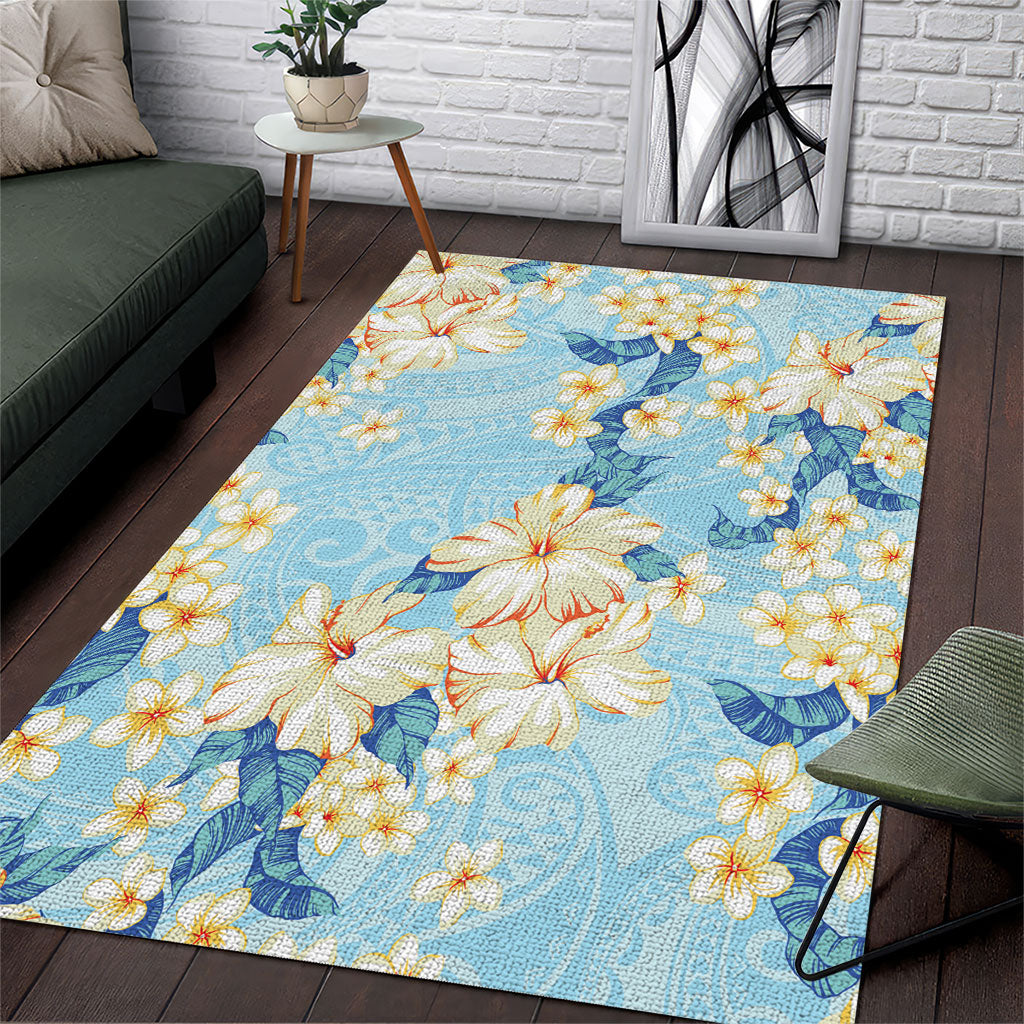 Hawaii Hibiscus Plumeria Blue Area Rug Polynesian Pattern LT01 Blue - Polynesian Pride