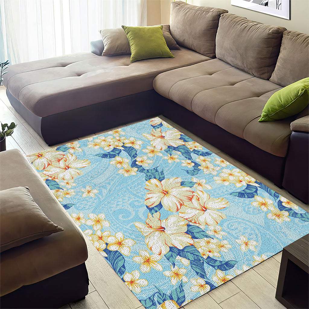 Hawaii Hibiscus Plumeria Blue Area Rug Polynesian Pattern LT01 - Polynesian Pride