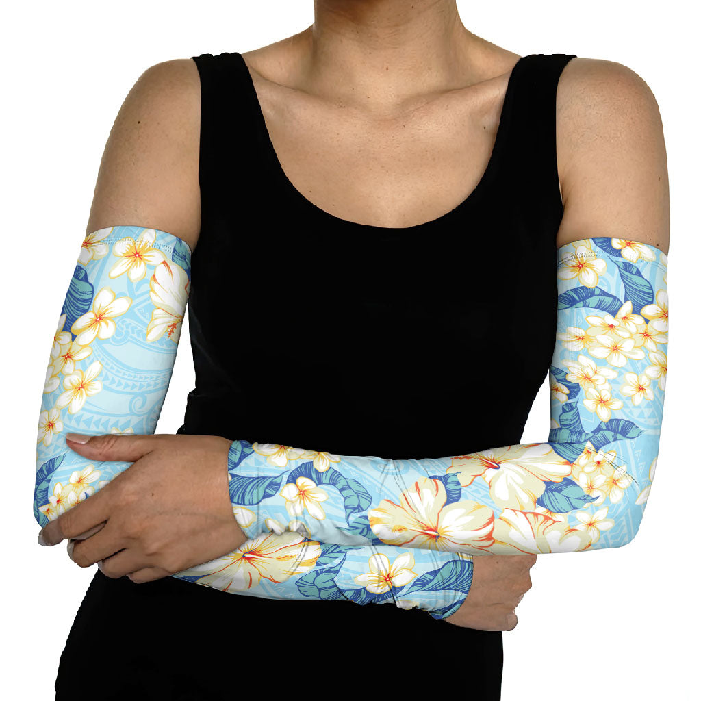 Hawaii Hibiscus Plumeria Blue Arm Sleeves Polynesian Pattern LT01 - Polynesian Pride