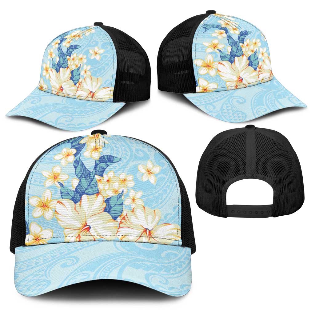 Hawaii Hibiscus Plumeria Blue Baseball Net Cap Polynesian Pattern LT01 - Polynesian Pride