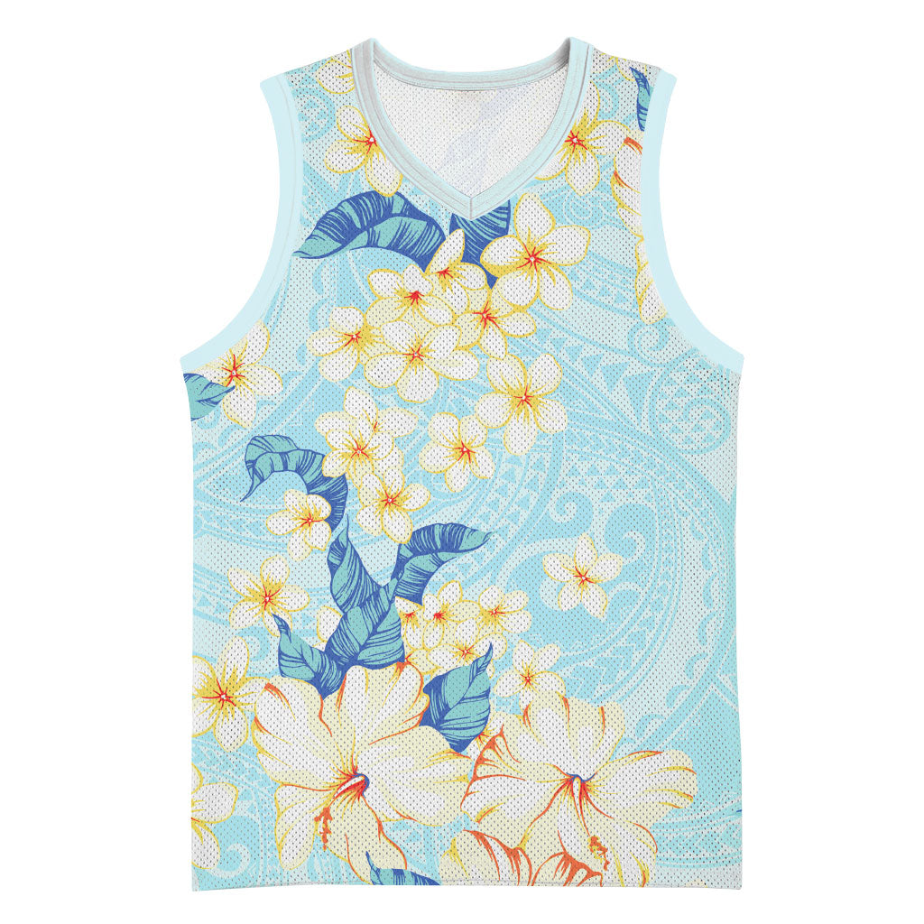 Hawaii Hibiscus Plumeria Blue Basketball Jersey Polynesian Pattern