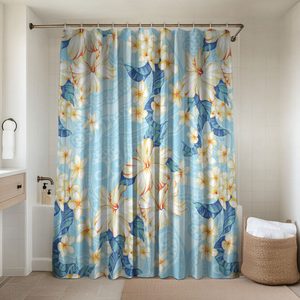 Hawaii Hibiscus Plumeria Blue Bathroom Set Polynesian Pattern