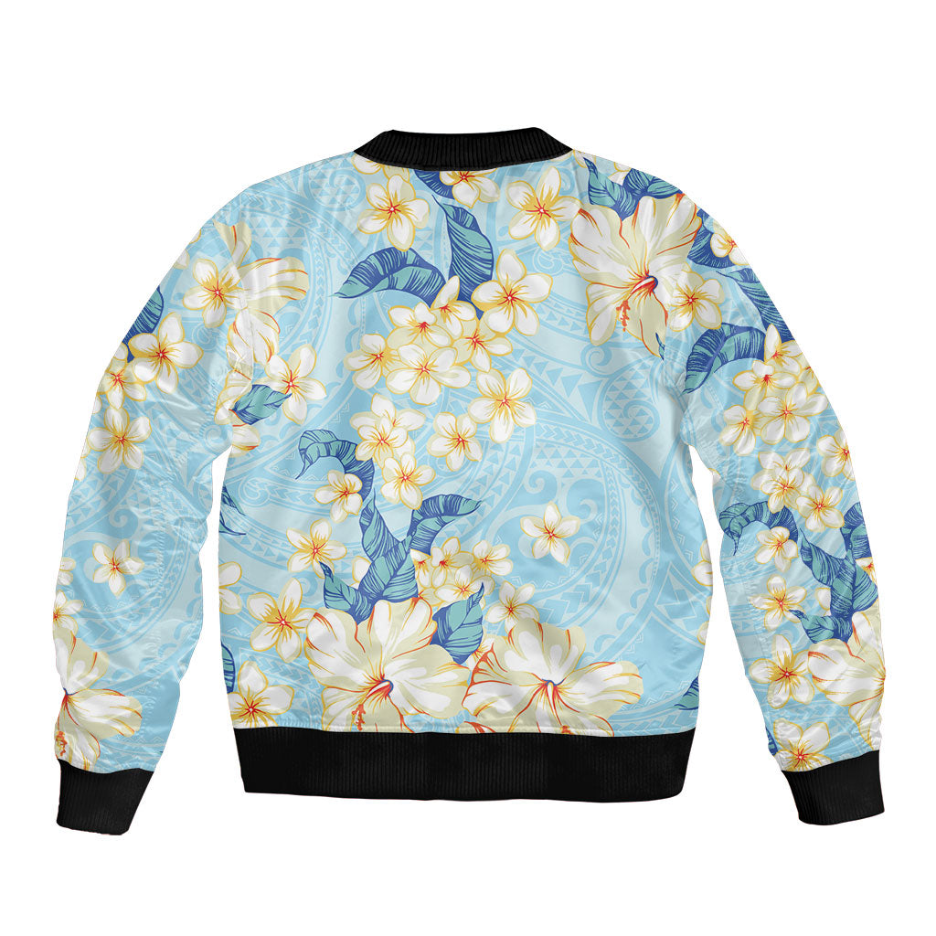 Hawaii Hibiscus Plumeria Blue Bomber Jacket Polynesian Pattern LT01 - Polynesian Pride