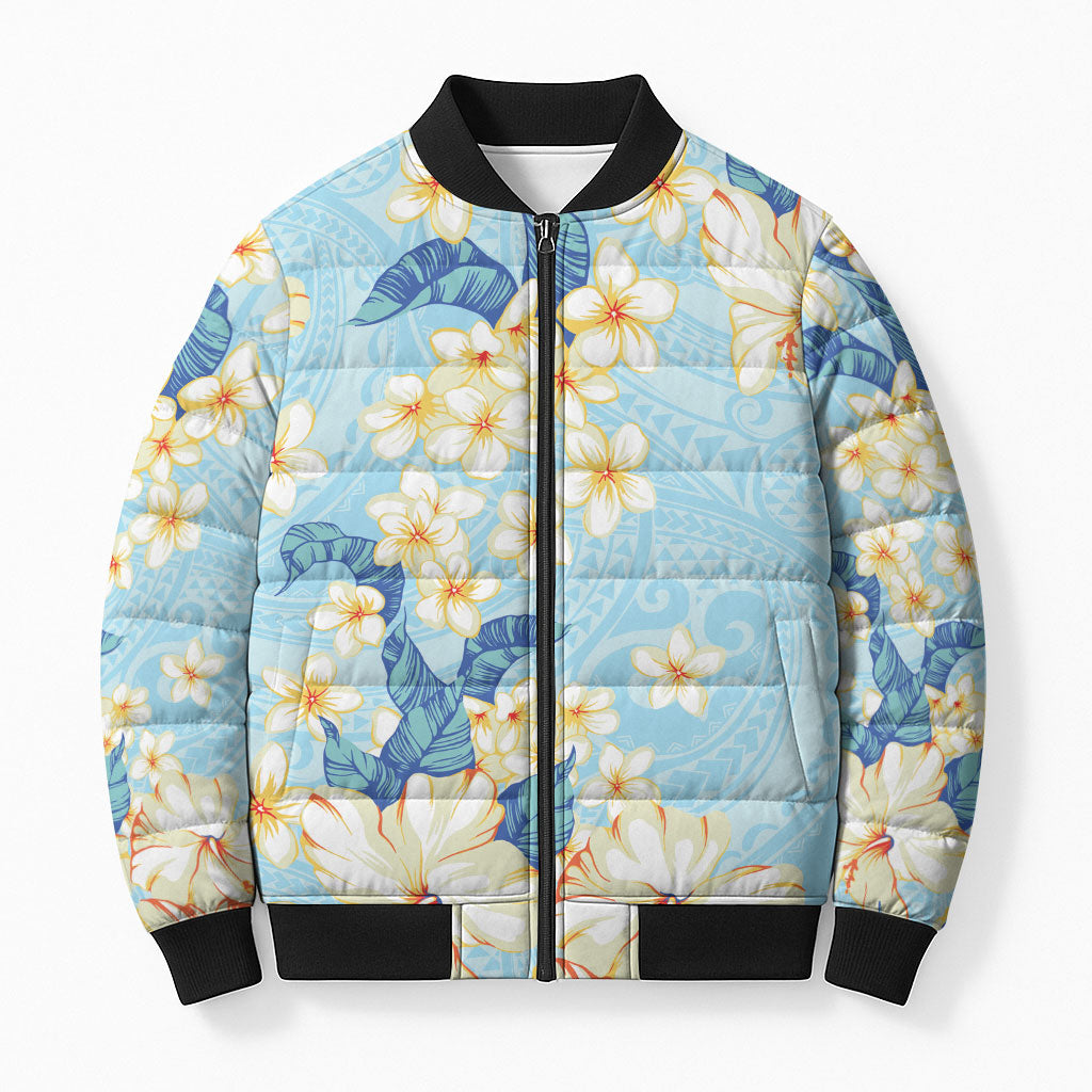 Hawaii Hibiscus Plumeria Blue Bomber Puffer Jacket Polynesian Pattern LT01 Unisex Blue - Polynesian Pride