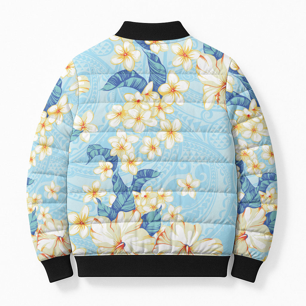 Hawaii Hibiscus Plumeria Blue Bomber Puffer Jacket Polynesian Pattern LT01 - Polynesian Pride