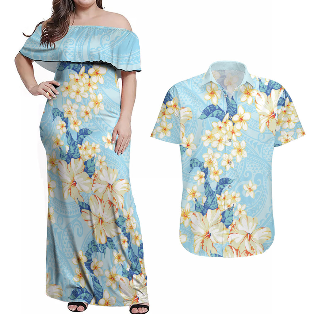 Hawaii Hibiscus Plumeria Blue Couples Matching Off Shoulder Maxi Dress and Hawaiian Shirt Polynesian Pattern