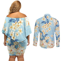 Hawaii Hibiscus Plumeria Blue Couples Matching Off Shoulder Short Dress and Long Sleeve Button Shirt Polynesian Pattern