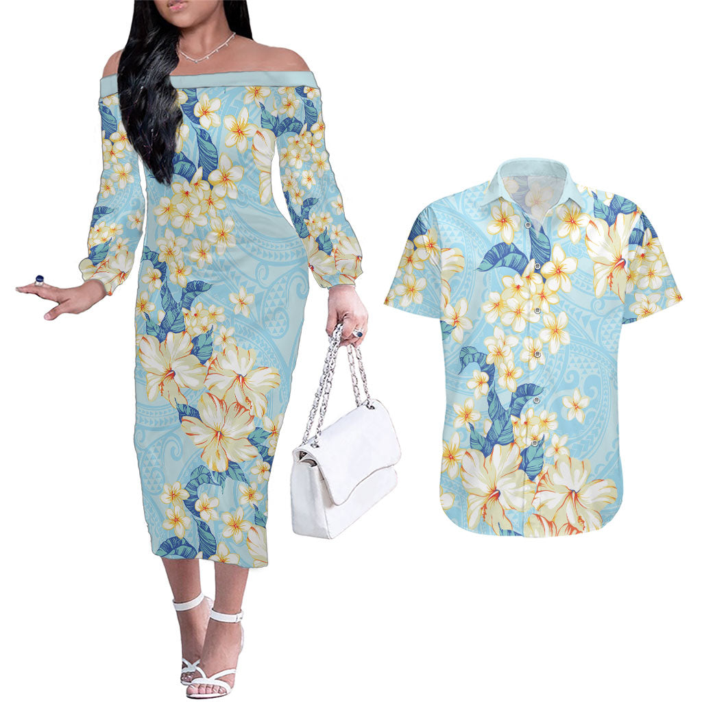 Hawaii Hibiscus Plumeria Blue Couples Matching Off The Shoulder Long Sleeve Dress and Hawaiian Shirt Polynesian Pattern LT01 Blue - Polynesian Pride