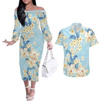 Hawaii Hibiscus Plumeria Blue Couples Matching Off The Shoulder Long Sleeve Dress and Hawaiian Shirt Polynesian Pattern LT01 Blue - Polynesian Pride