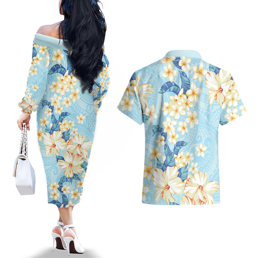 Hawaii Hibiscus Plumeria Blue Couples Matching Off The Shoulder Long Sleeve Dress and Hawaiian Shirt Polynesian Pattern LT01 - Polynesian Pride