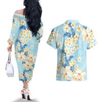 Hawaii Hibiscus Plumeria Blue Couples Matching Off The Shoulder Long Sleeve Dress and Hawaiian Shirt Polynesian Pattern LT01 - Polynesian Pride