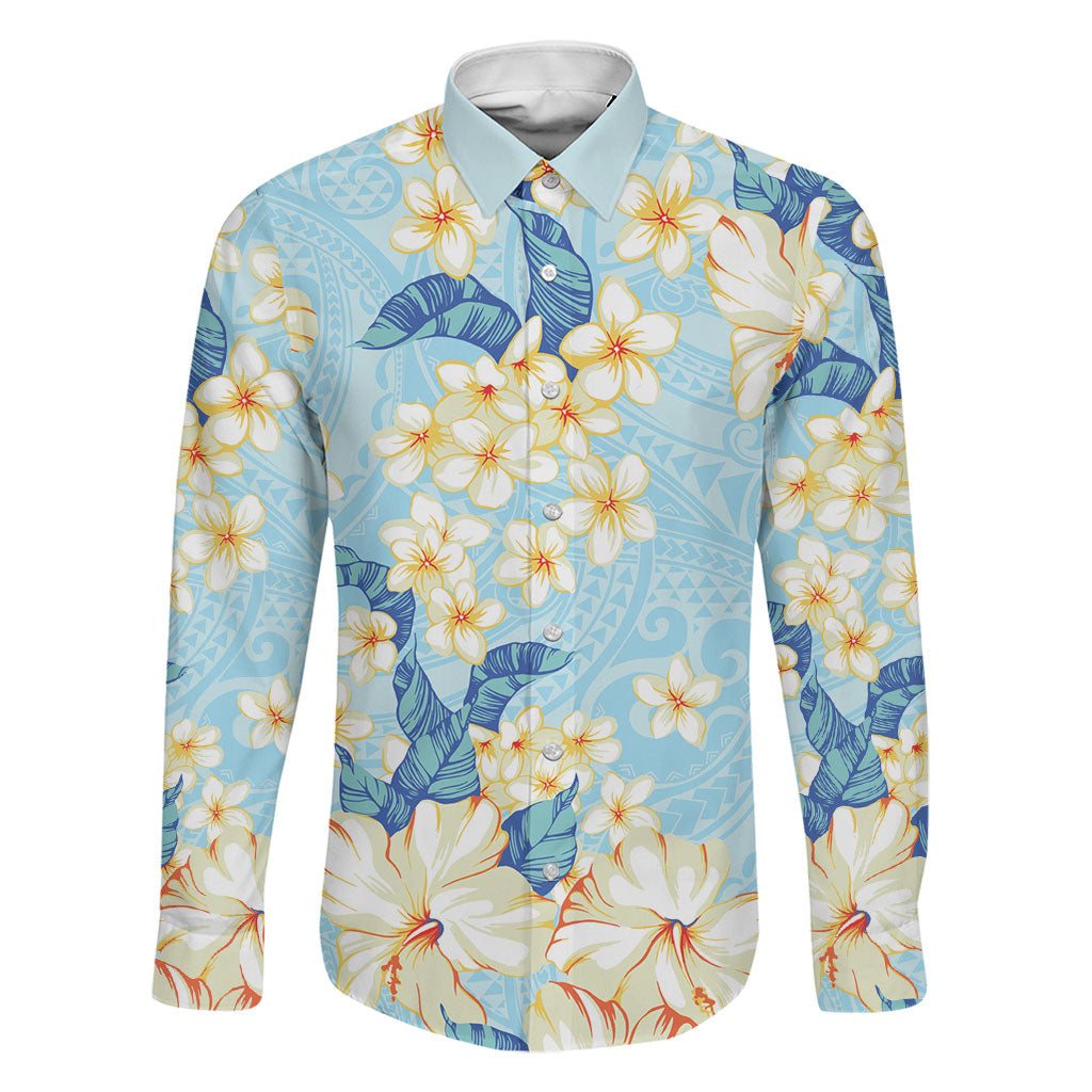 Hawaii Hibiscus Plumeria Blue Family Matching Long Sleeve Bodycon Dress and Hawaiian Shirt Polynesian Pattern LT01 Dad's Shirt - Long Sleeve Blue - Polynesian Pride