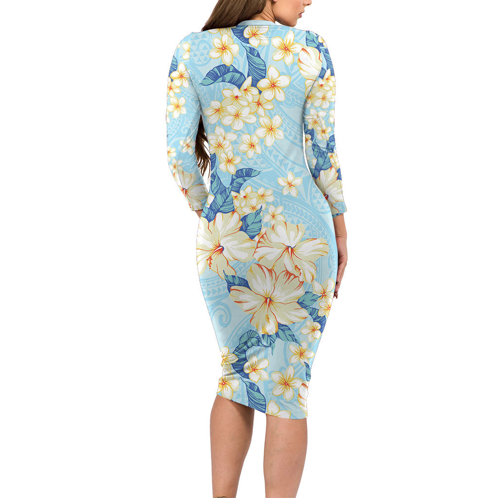 Hawaii Hibiscus Plumeria Blue Family Matching Long Sleeve Bodycon Dress and Hawaiian Shirt Polynesian Pattern LT01 - Polynesian Pride