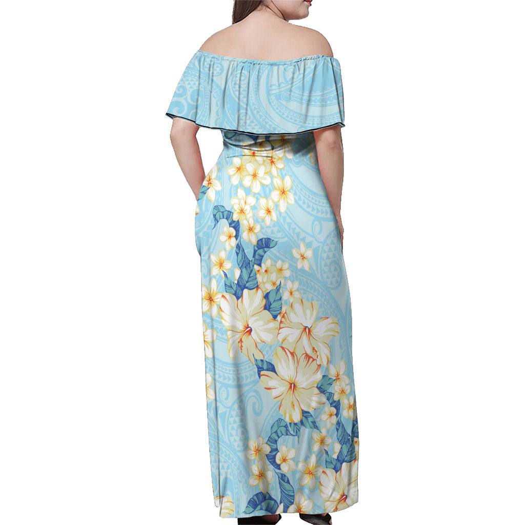 Hawaii Hibiscus Plumeria Blue Family Matching Off Shoulder Maxi Dress and Hawaiian Shirt Polynesian Pattern