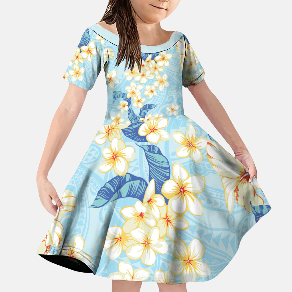 Hawaii Hibiscus Plumeria Blue Family Matching Off Shoulder Short Dress and Hawaiian Shirt Polynesian Pattern