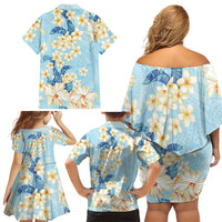 Hawaii Hibiscus Plumeria Blue Family Matching Off Shoulder Short Dress and Hawaiian Shirt Polynesian Pattern
