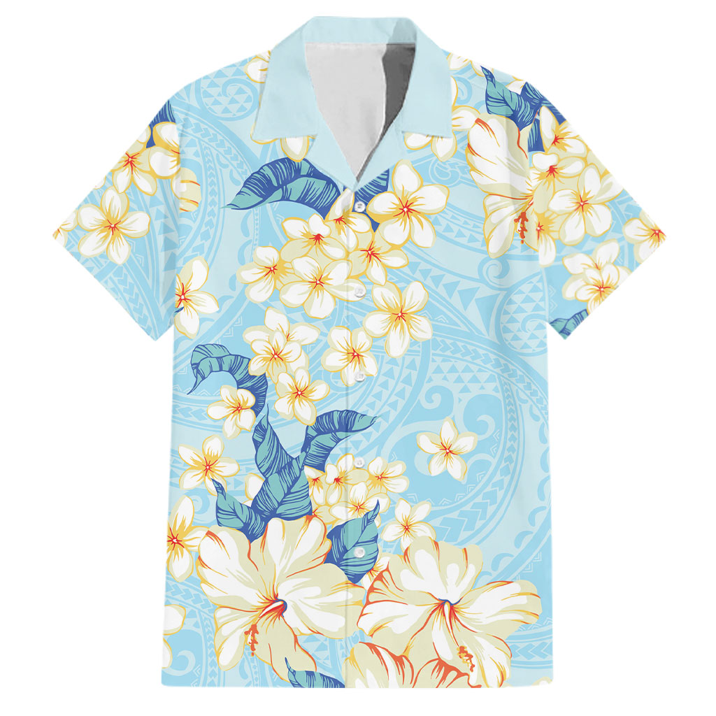 Hawaii Hibiscus Plumeria Blue Family Matching Off Shoulder Short Dress and Hawaiian Shirt Polynesian Pattern