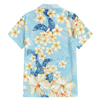 Hawaii Hibiscus Plumeria Blue Family Matching Off Shoulder Short Dress and Hawaiian Shirt Polynesian Pattern