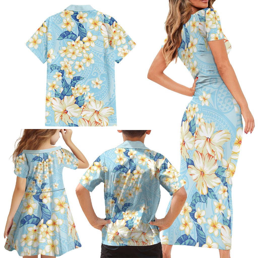 Hawaii Hibiscus Plumeria Blue Family Matching Short Sleeve Bodycon Dress and Hawaiian Shirt Polynesian Pattern LT01 - Polynesian Pride