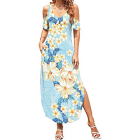 Hawaii Hibiscus Plumeria Blue Family Matching Summer Maxi Dress and Hawaiian Shirt Polynesian Pattern