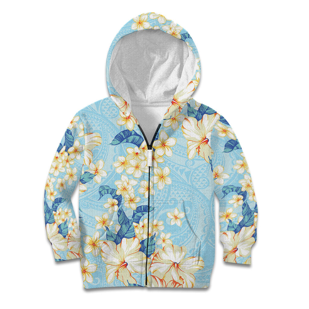 Hawaii Hibiscus Plumeria Blue Kid Hoodie Polynesian Pattern LT01 Zip Hoodie Blue - Polynesian Pride