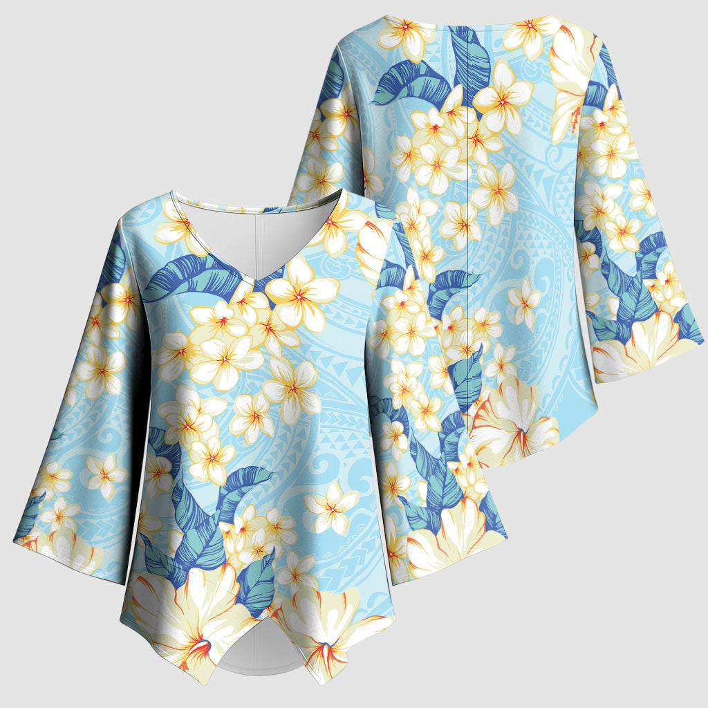 Hawaii Hibiscus Plumeria Blue Kimono Sleeve Blouse Polynesian Pattern LT01 - Polynesian Pride