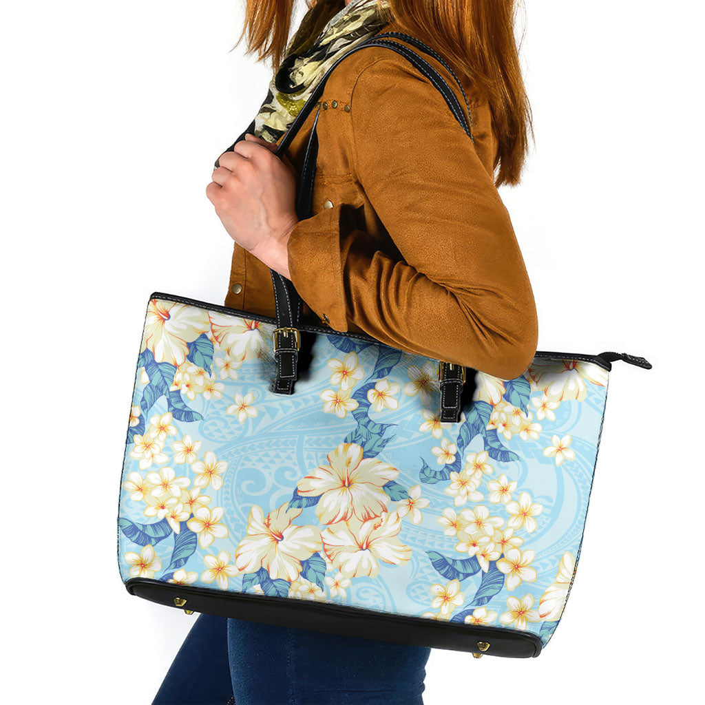 Hawaii Hibiscus Plumeria Blue Leather Tote Bag Polynesian Pattern