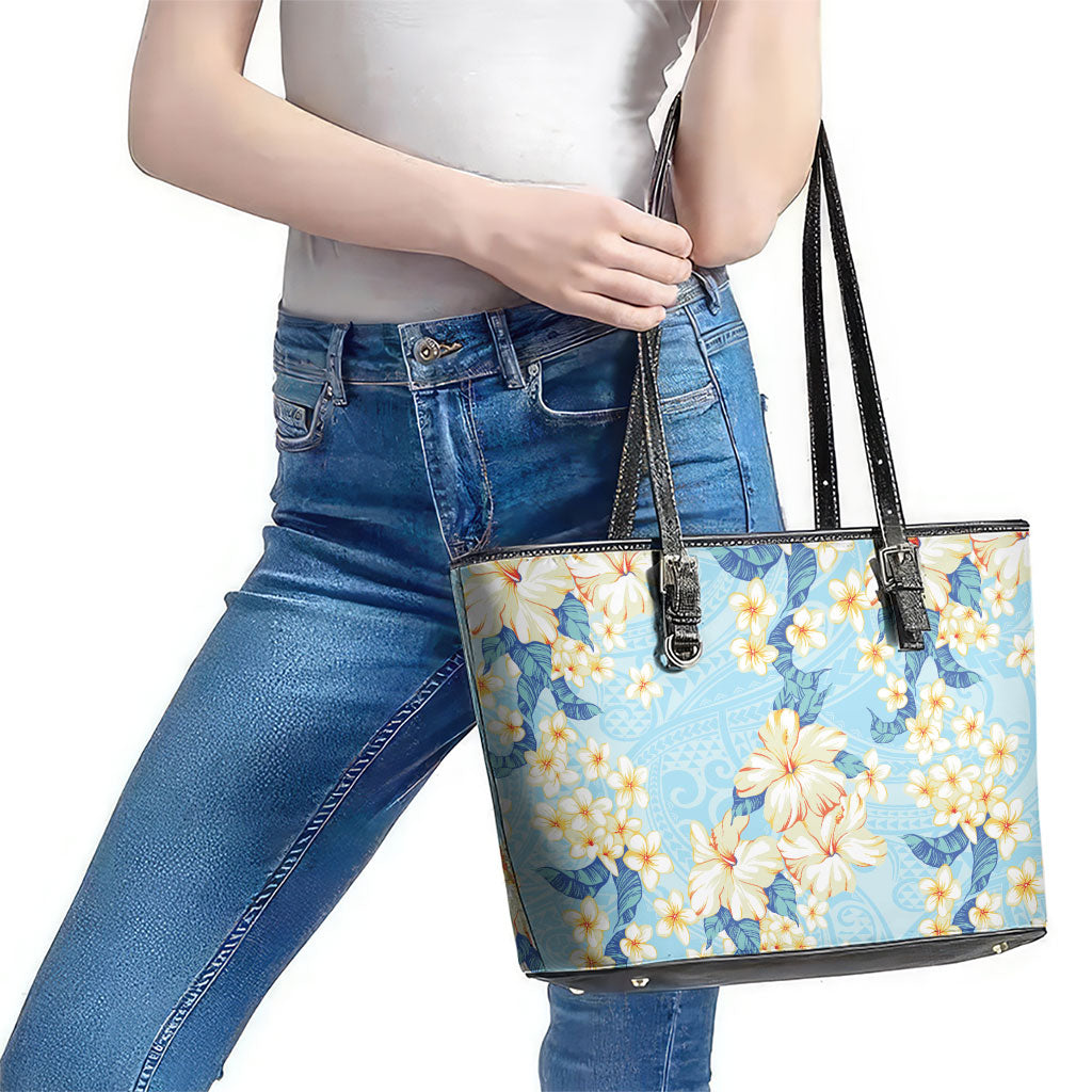 Hawaii Hibiscus Plumeria Blue Leather Tote Bag Polynesian Pattern